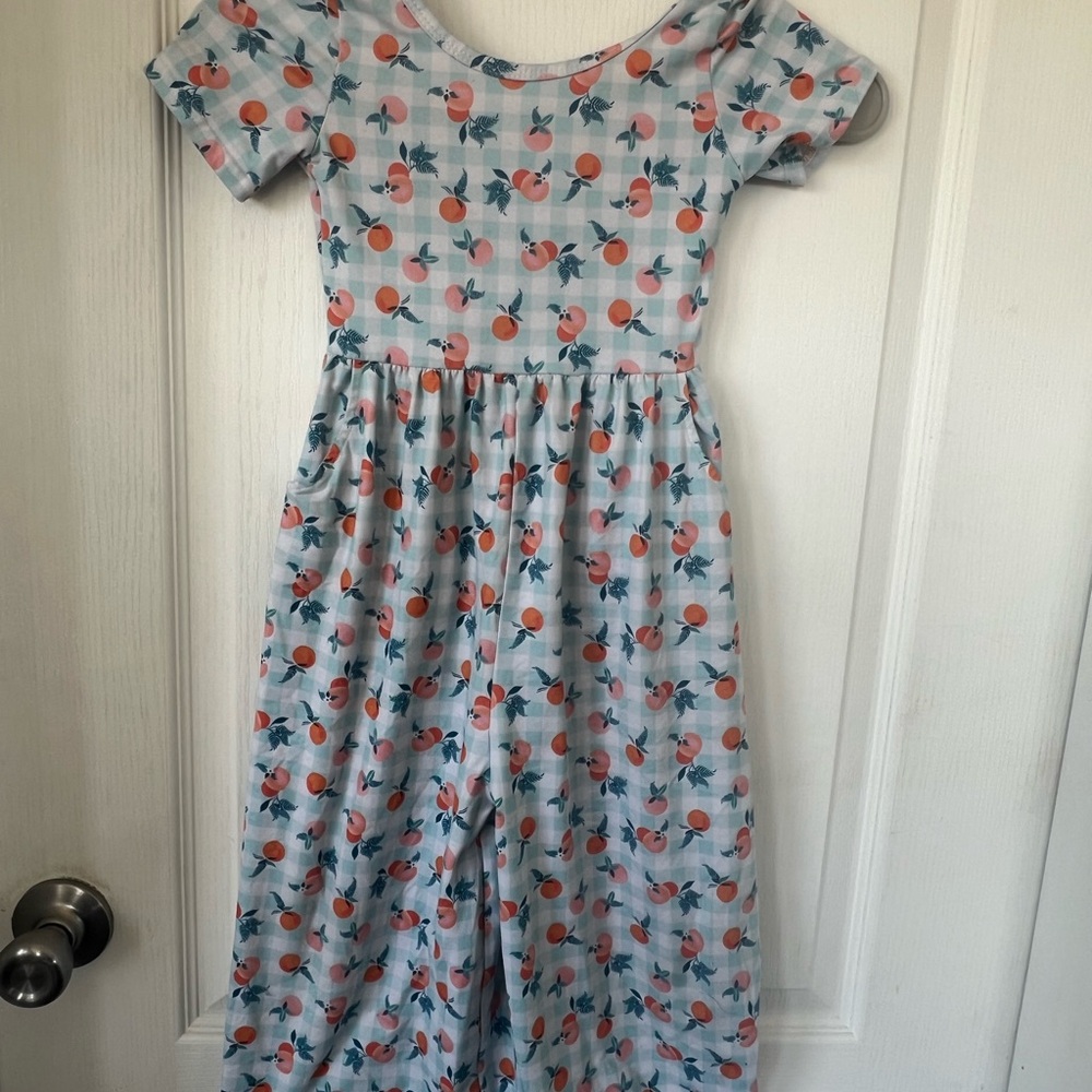 Girls Light Blue Peach Print Short Sleeve Romper